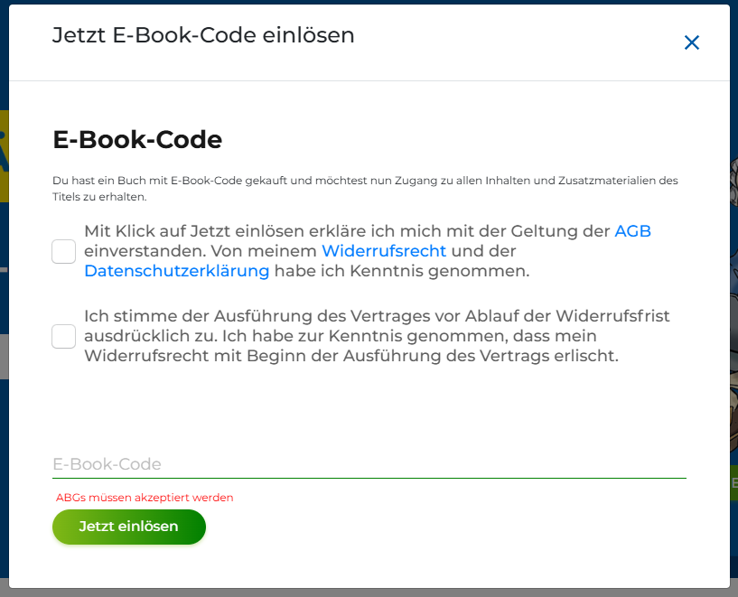 Fenster zum Einlösen des E-Book-Codes